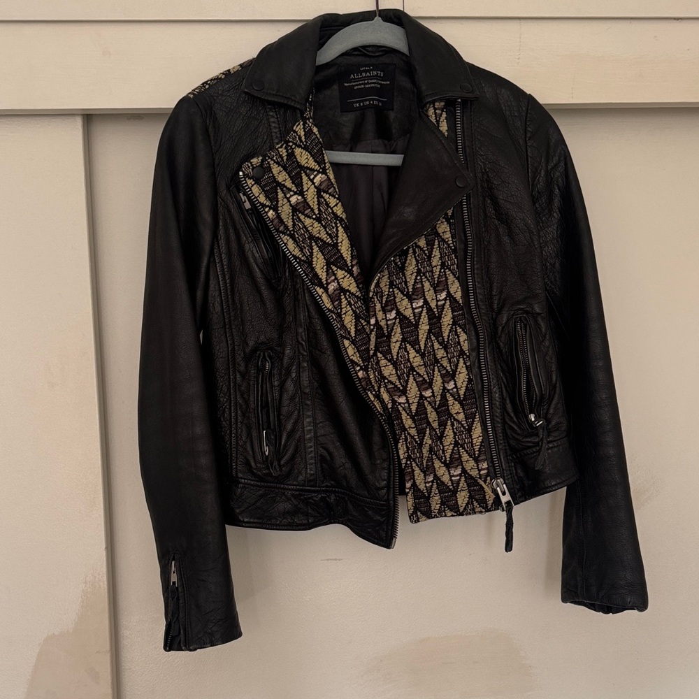 All Saints Black Leather Jacket with Geometric Accent
